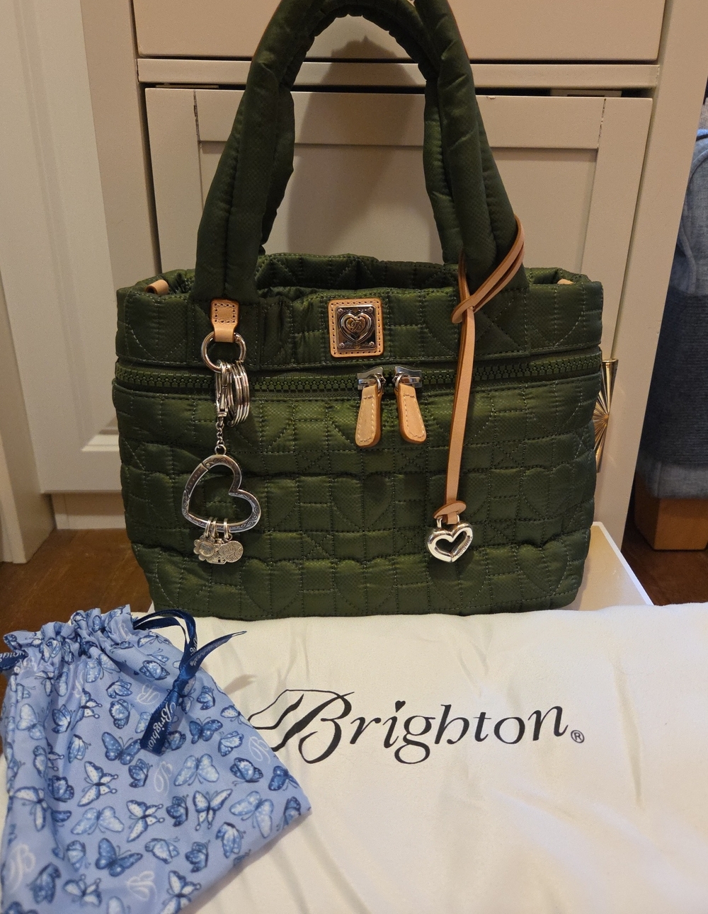 Brighton Olive Quilted Satchel with Added Heart Charms
